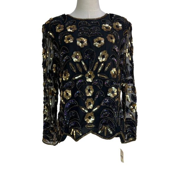 Vintage Stenay Floral Beaded Top Black Silk Blouse - Picture 1 of 12